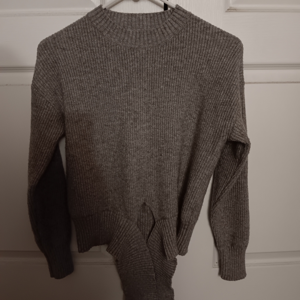 Gray Ribbed Women's Tie Front Sweater
